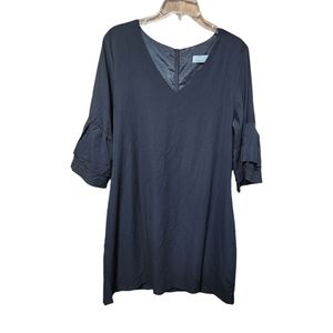Belongsci Womens V-Neck Bell Sleeve Shift Mini Dress Size L Black 8817 Zip Back
